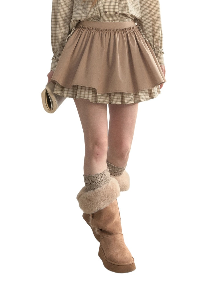 Khaki Two-Layer Ruffle Skirt