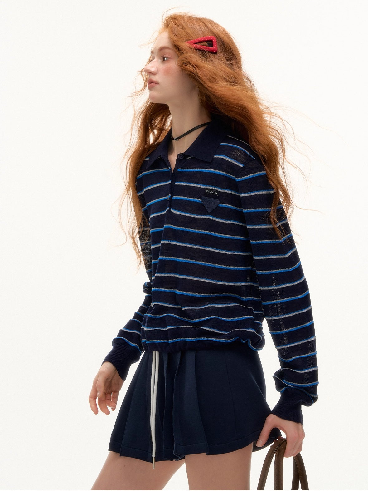 Beige &amp; Blue Striped Polo Knit T-shirt