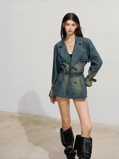 Double-Breasted Loose Denim Trench Coat