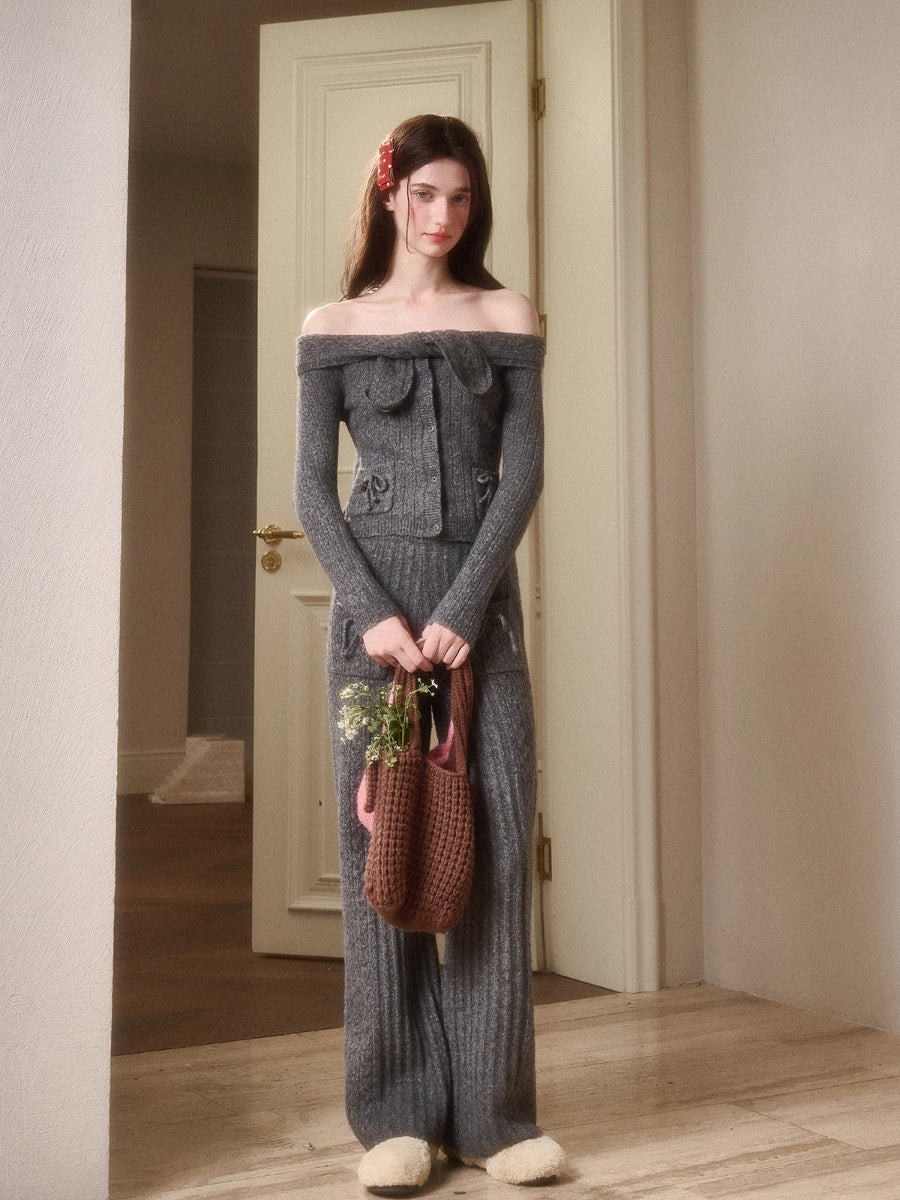 Velvet Bunny Wool Cloud Off-Shoulder Knit Cardigan &amp; Pants Set