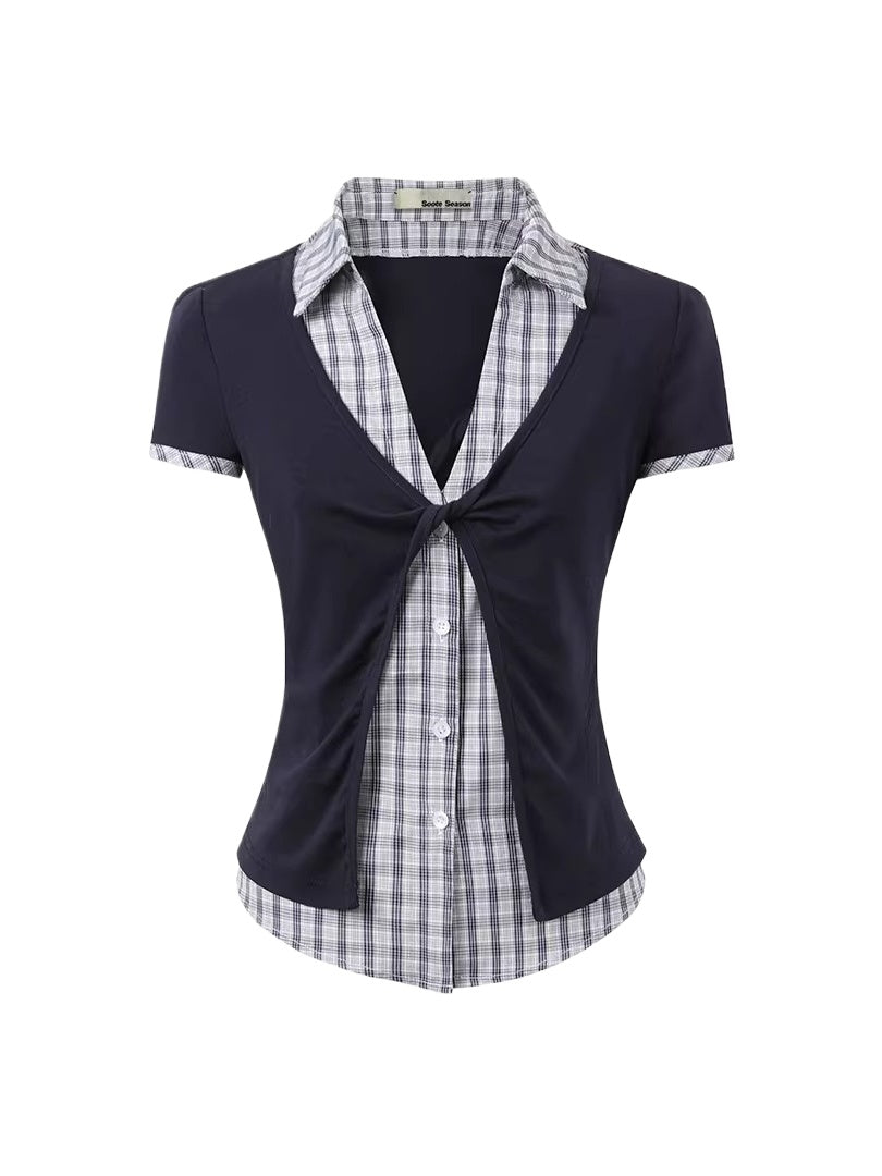 Contrast Plaid Panel Blouse