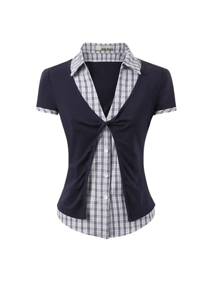 Contrast Plaid Panel Blouse
