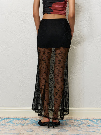 Yellow &amp; Black Lace Sheer Midi Skirt