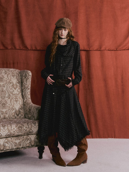 Frayed Hem Plaid Studded Belt Asymmetric A-Line Midi Skirt