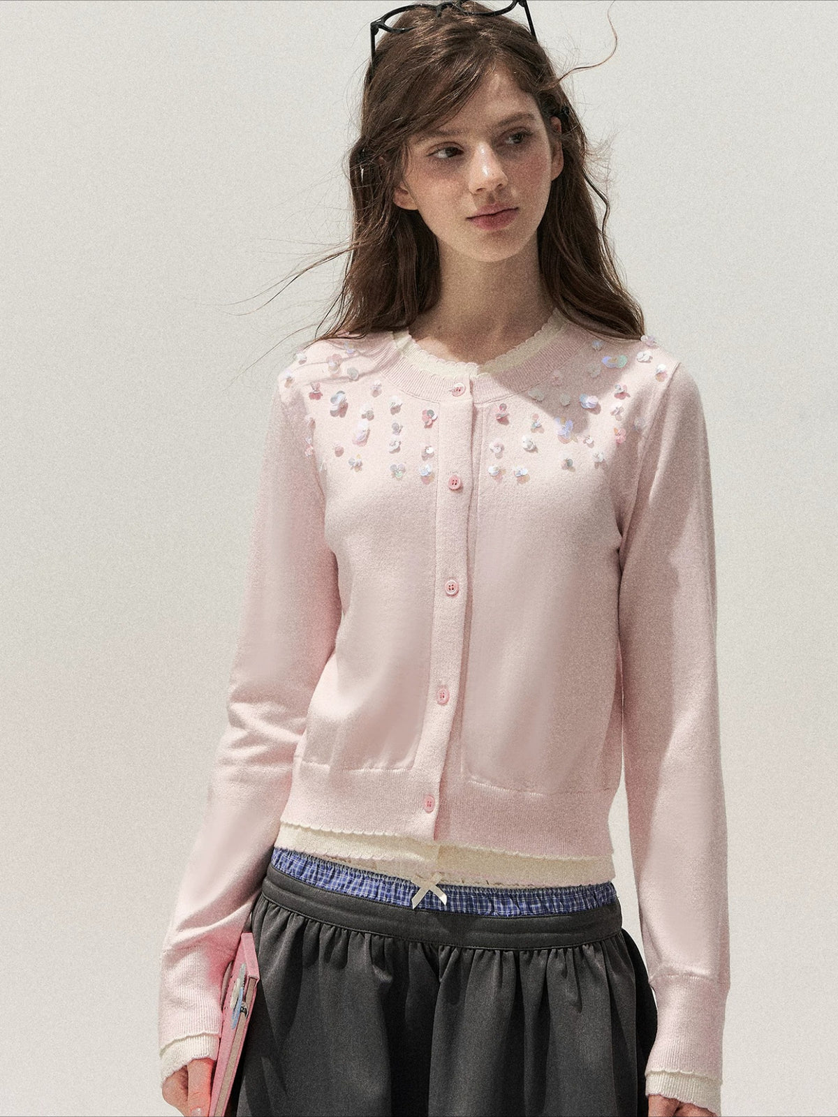 Beaded Contrast Knit Sweater