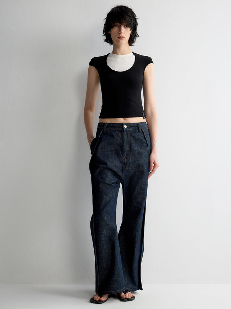 Structured Low Rise Drop-Crotch Flared Jeans