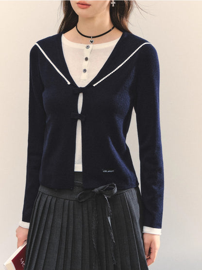 Navy Blue &amp; Gray Sailor-Bow Knit Cardigan