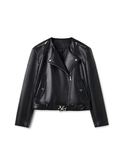 &quot;Dejembe Series&quot;Satin-Finish PU Leather Moto Jacket