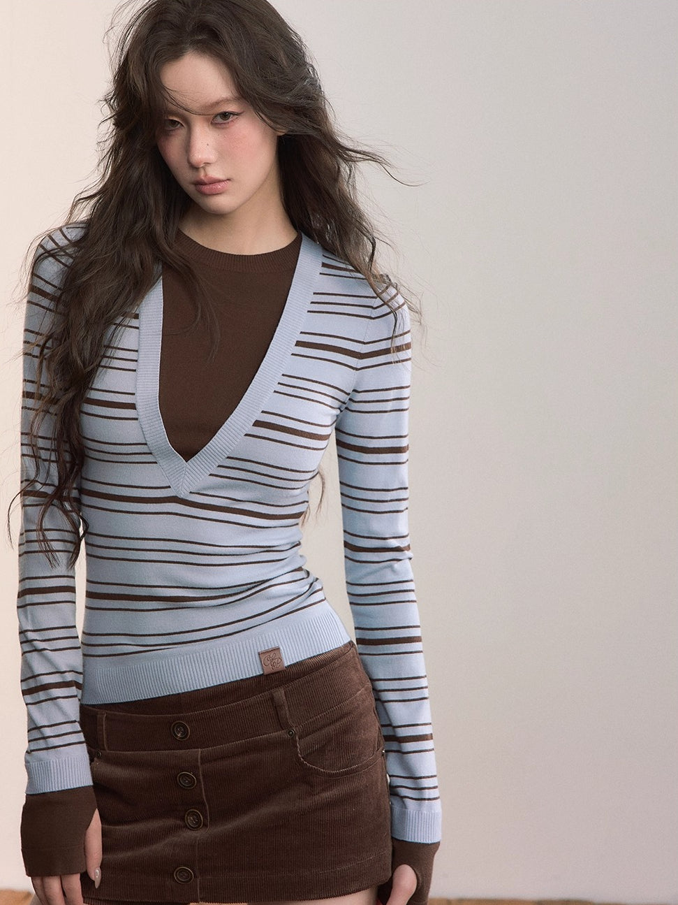 Color-Blocked Stripe Crew Neck Long Sleeve Knit Top