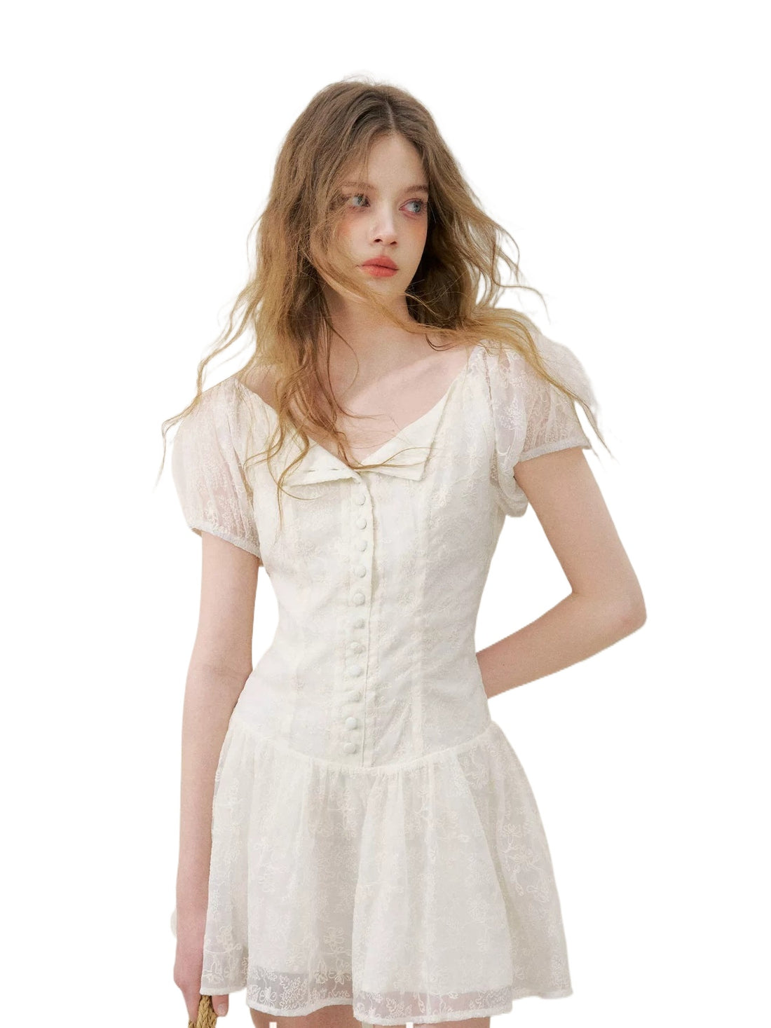 Apricot Floral Embroidered Puff Sleeve Dress