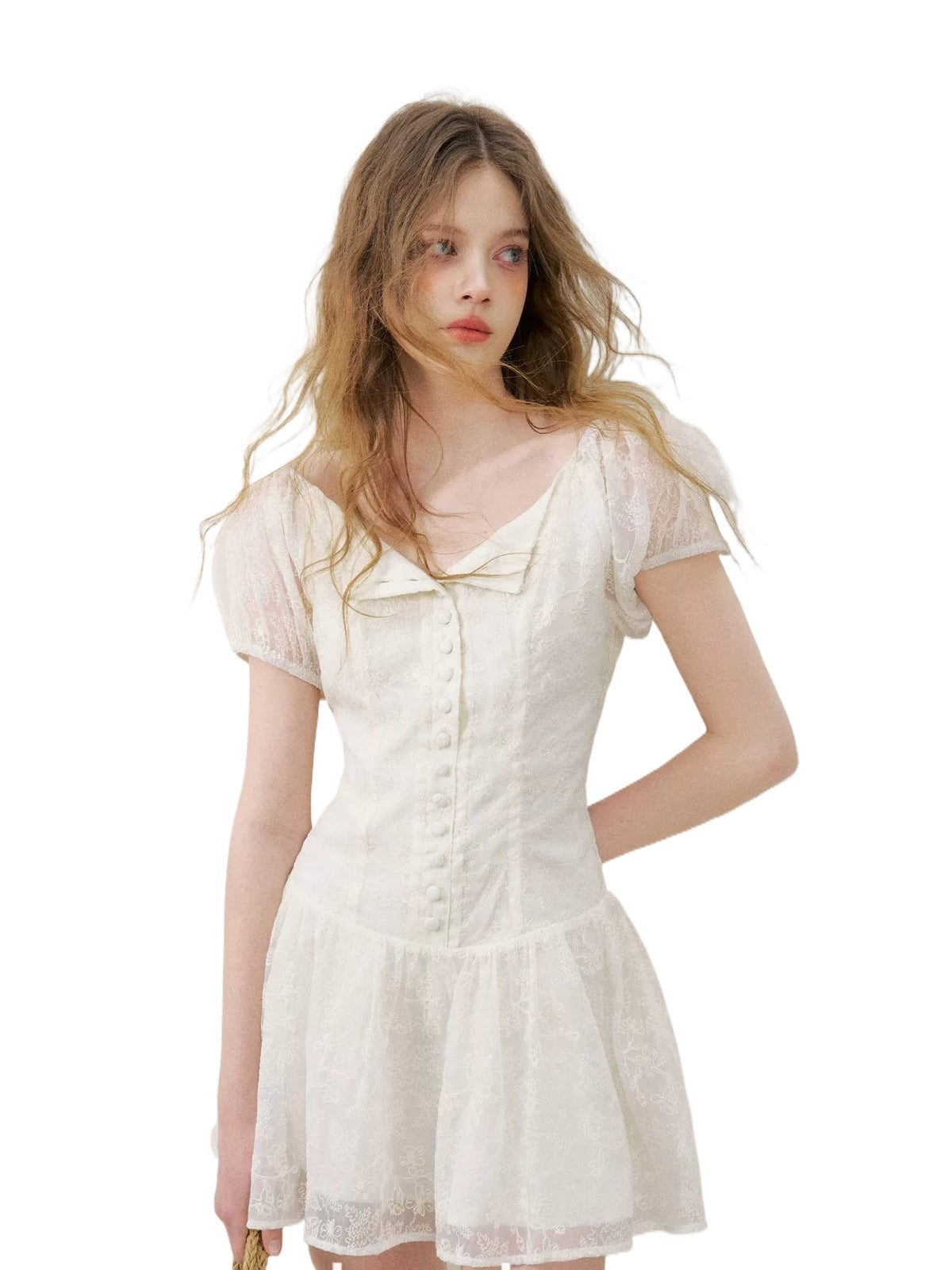 Apricot Floral Embroidered Puff Sleeve Dress