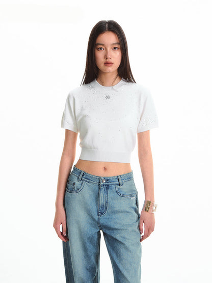 Gradient Rhinestone Shoulder Short-Sleeve T-shirt