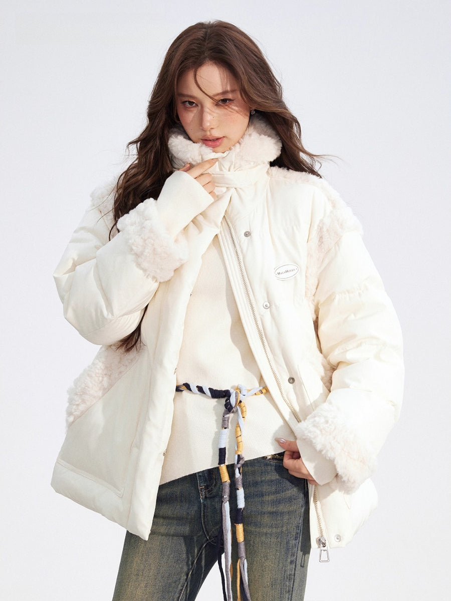 Shearling Patchwork White Down Puffer Jacket