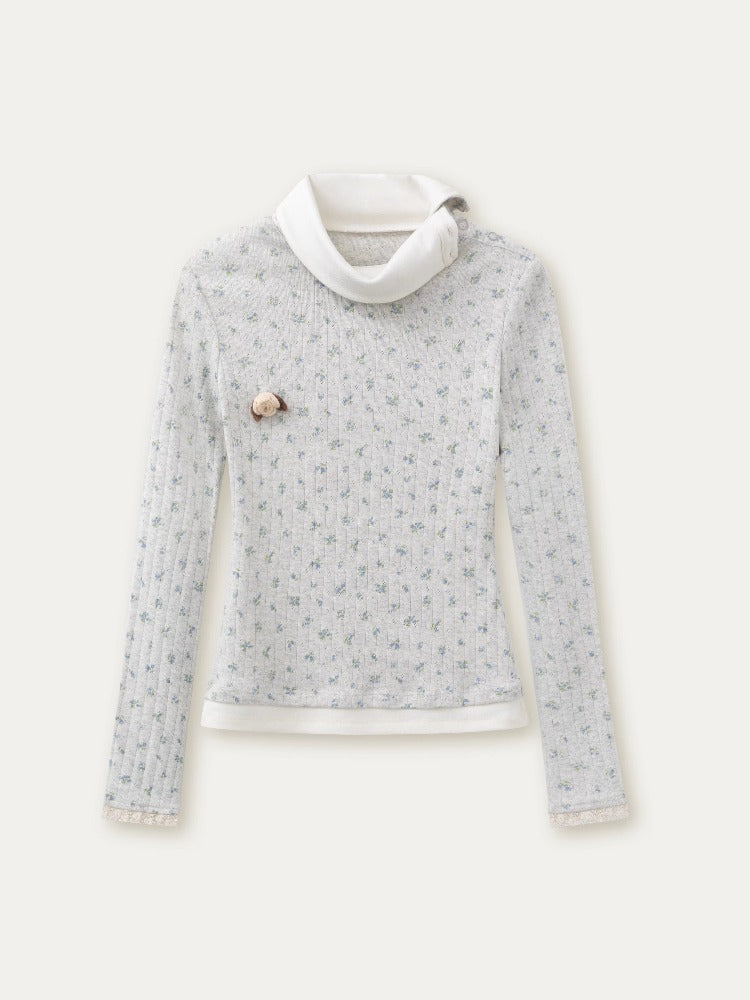 Floral Collar Knit Long Sleeve Top