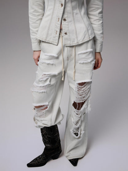 Distressed White Ripped Wide-leg Pants