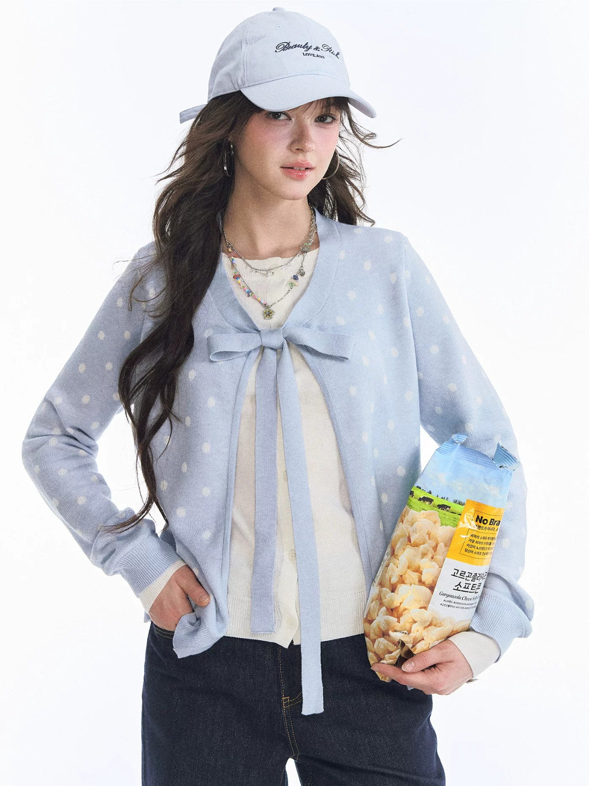 Polka Dot Bow Tie Knit Cardigan