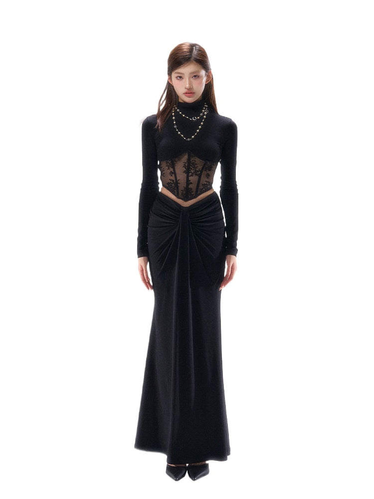 Lace-Trim Corset Long-Sleeve Top