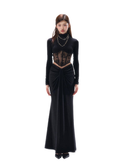 Lace-Trim Corset Long-Sleeve Top