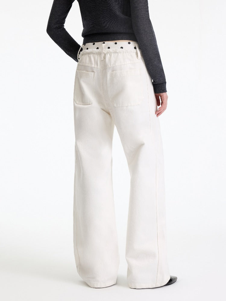 Beige Polka Waist Straight Jeans