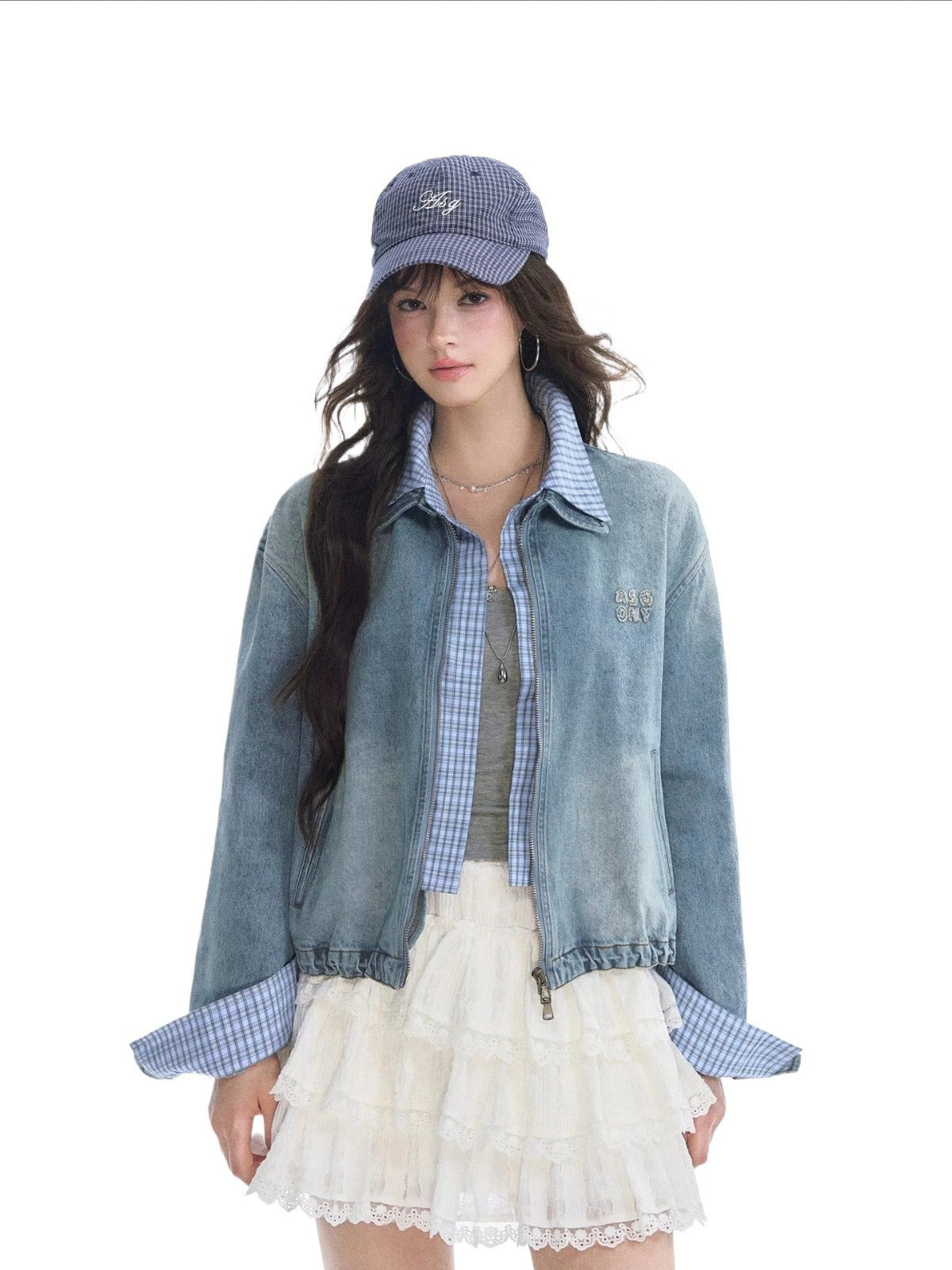 Academic Plaid Patchwork Denim Jacket