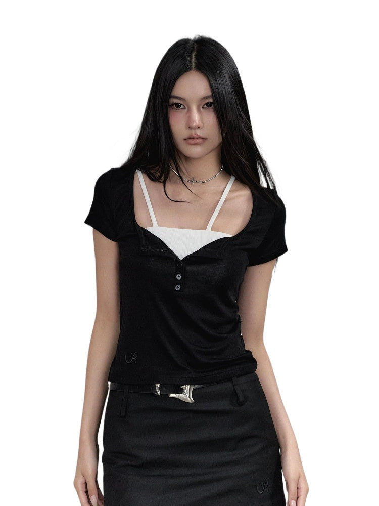 Black &amp; Grey Henley Collar Embroidered T-Shirt