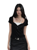 Black & Grey Henley Collar Embroidered T-Shirt