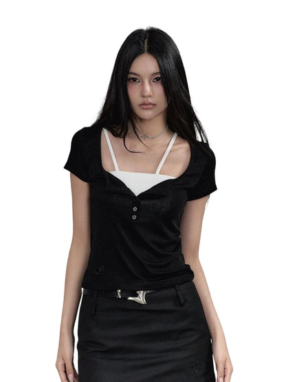 Black &amp; Grey Henley Collar Embroidered T-Shirt