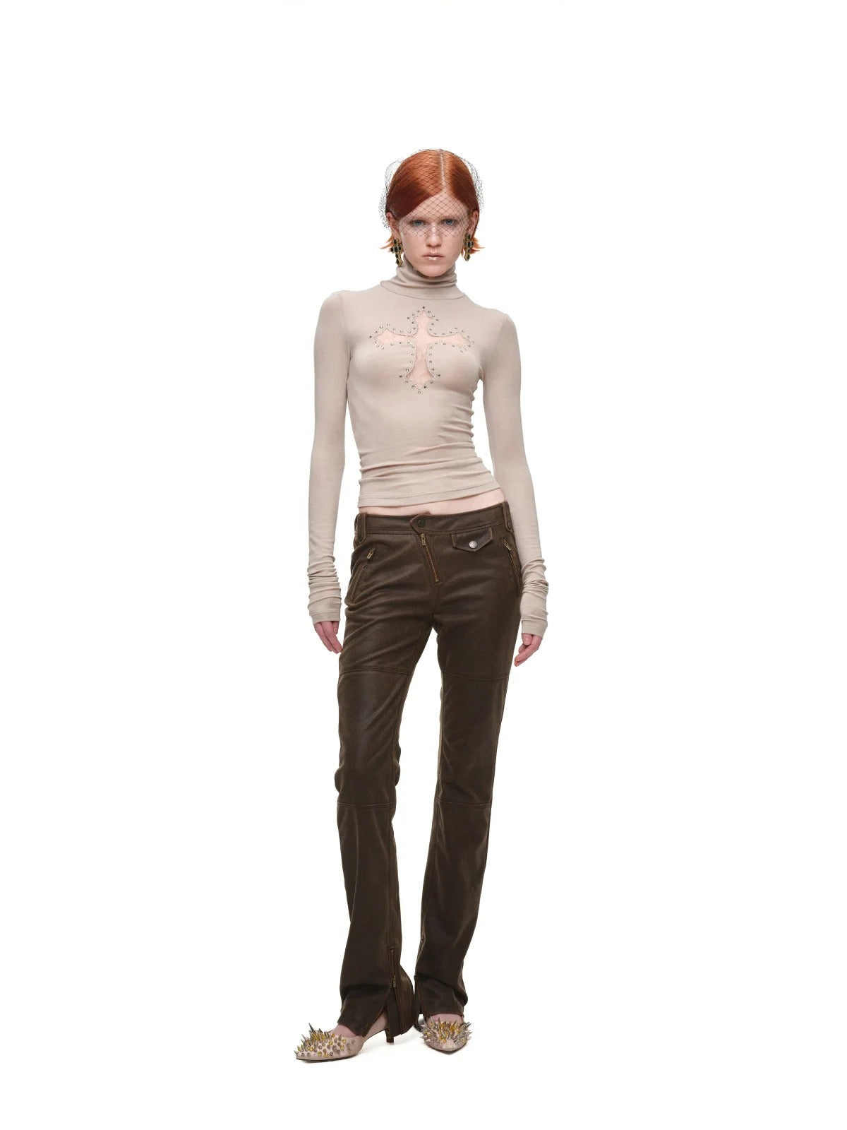 Cross Lace Rhinestone Turtleneck Top