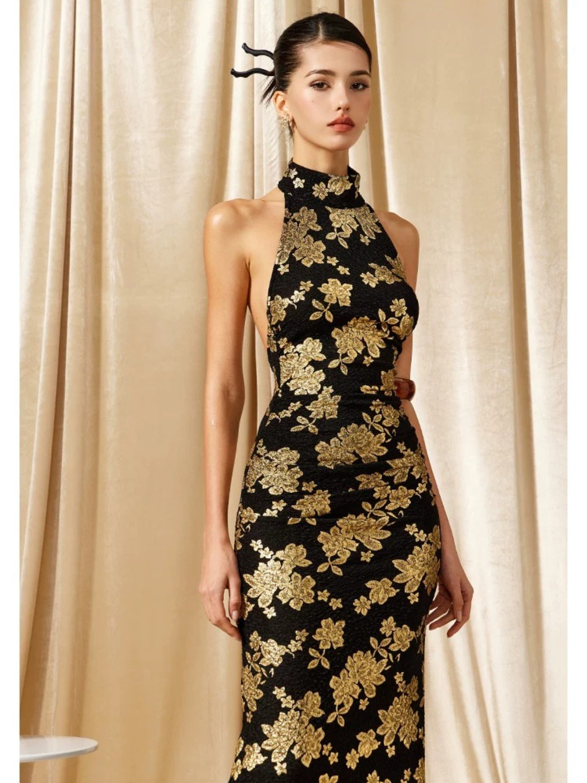 Black Gold Halter Qipao Evening Dress