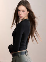 V-Neck Beaded Trim Knit Top