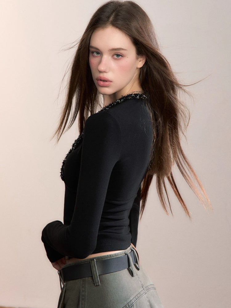 V-Neck Beaded Trim Knit Top