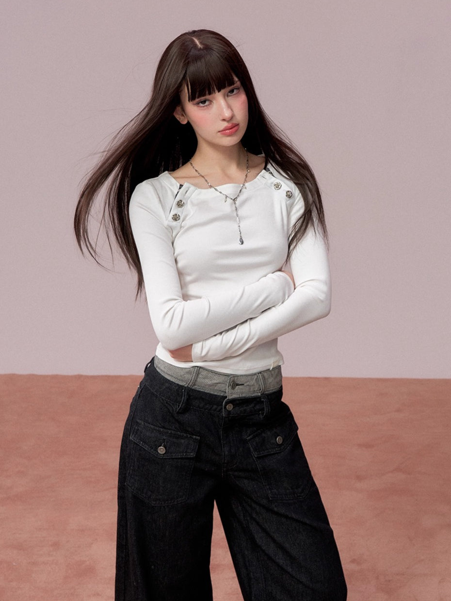 Rose Button Detail Fitted Long Sleeve Top