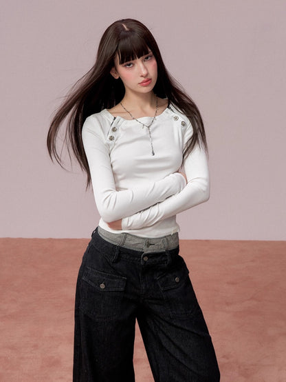 Rose Button Detail Fitted Long Sleeve Top