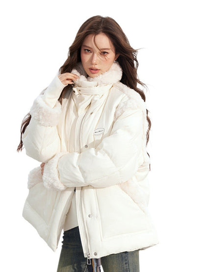 Shearling Patchwork White Down Puffer Jacket