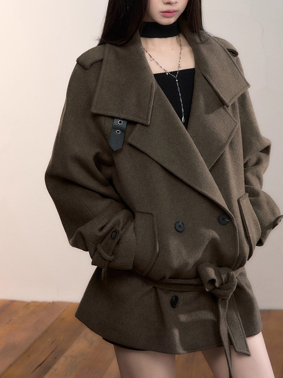 High-Neck Belted Wool Coat