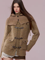 Brown Leather Buckle Cardigan & Hooded Cape Set
