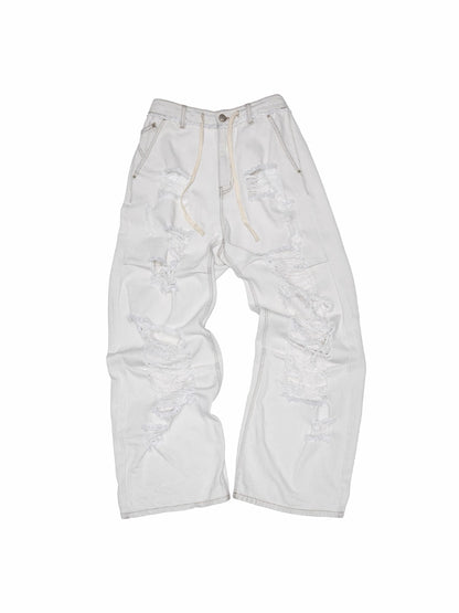 Distressed White Ripped Wide-leg Pants