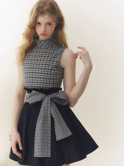Black Plaid Bow Puff Dress