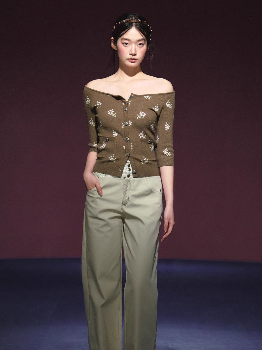 Floral Pattern Off-shoulder Mosaic Knit Cardigan