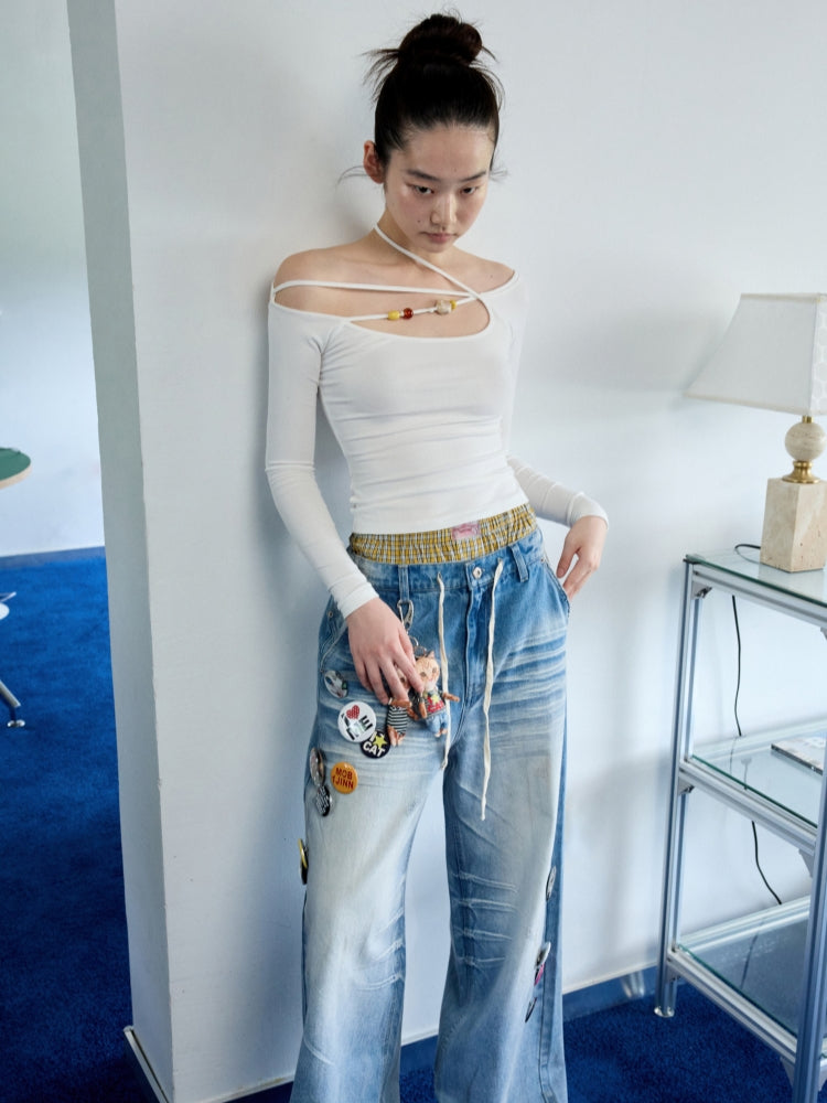 Light Blue Mud-Dyed Badge Wide-Leg Jeans