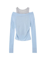 Fake Two-Piece Color-Block Draped Collar Knit Top