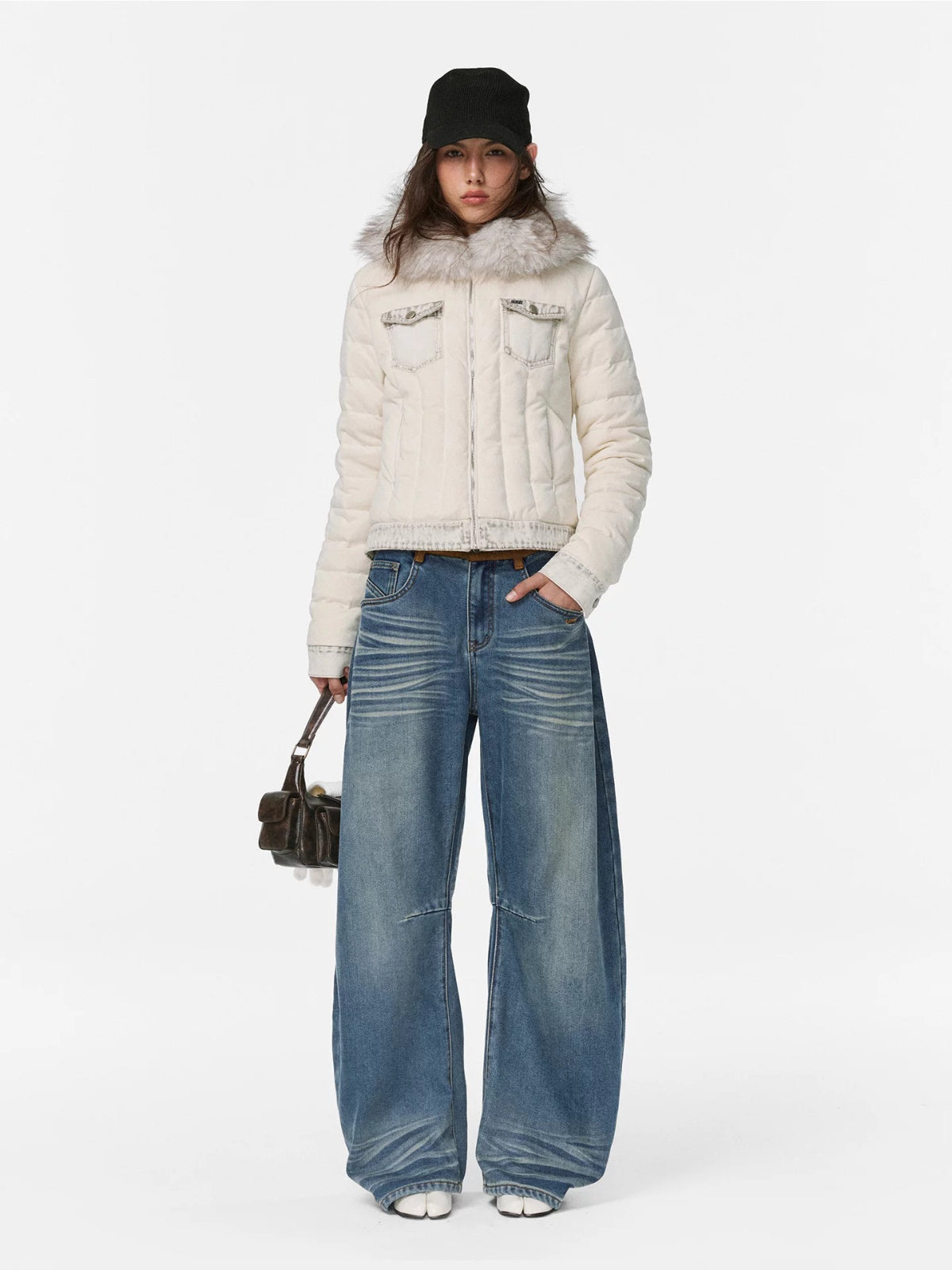 Faux Suede Waistband Barrel Jeans