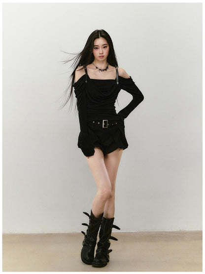 Draped Neck Leather Strap Acetate One-shoulder T-shirt