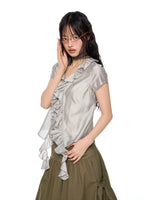 Plaid Ruffle V-Neck Shirt