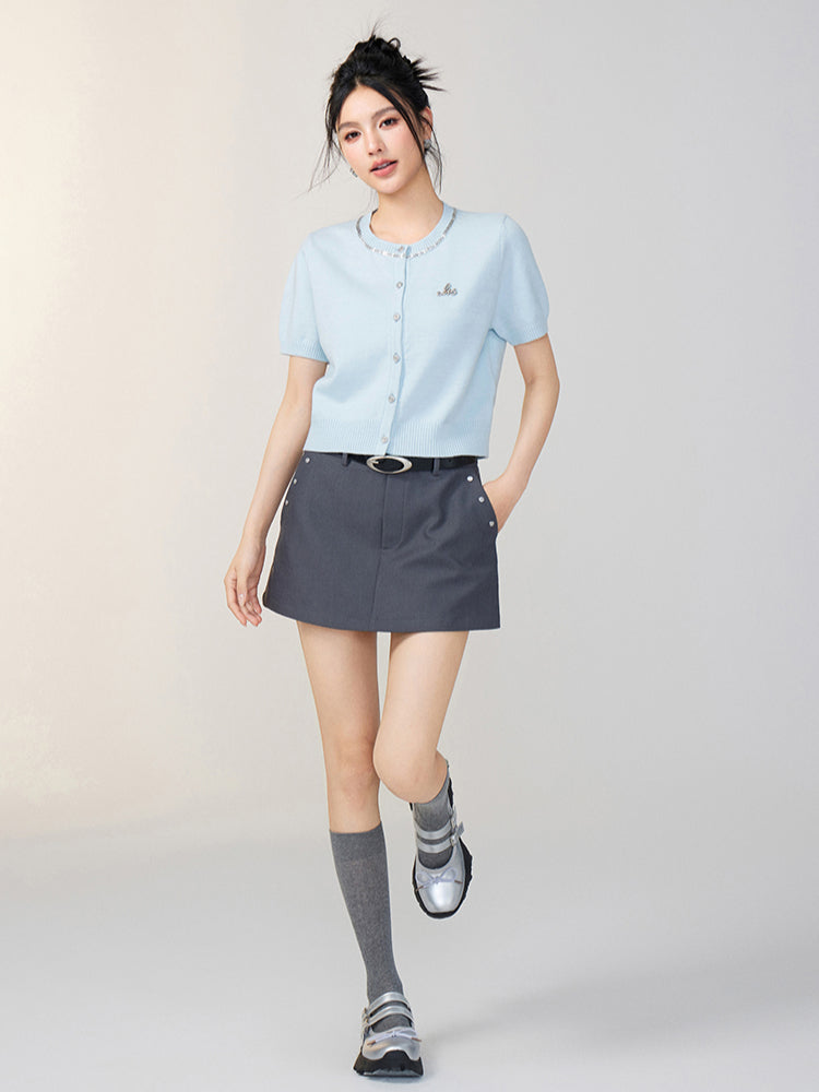 Rhinestone Button Knitted Short-Sleeve Cardigan