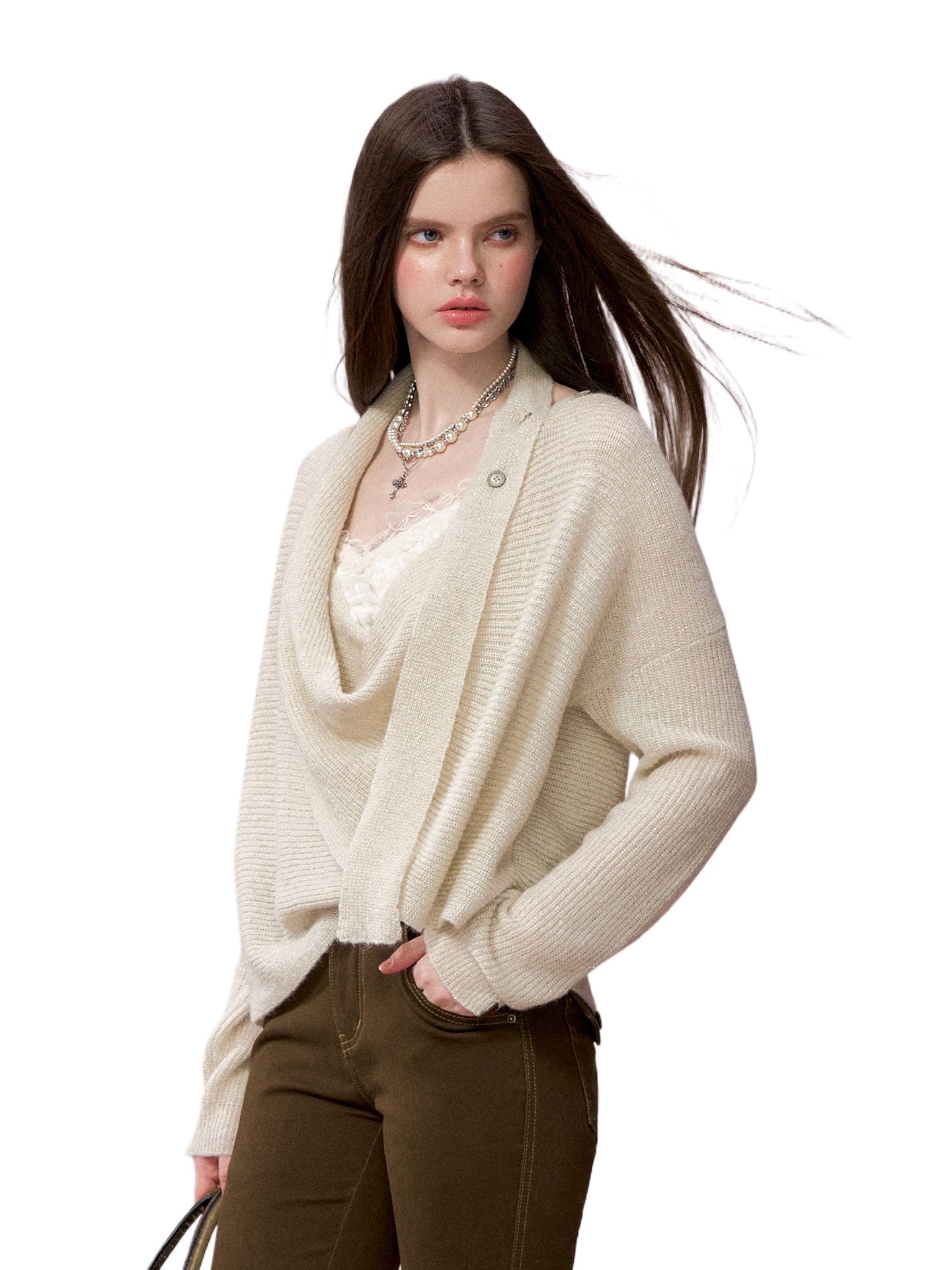 Shiny Design Cowl Neck Wool Knit Sweater
