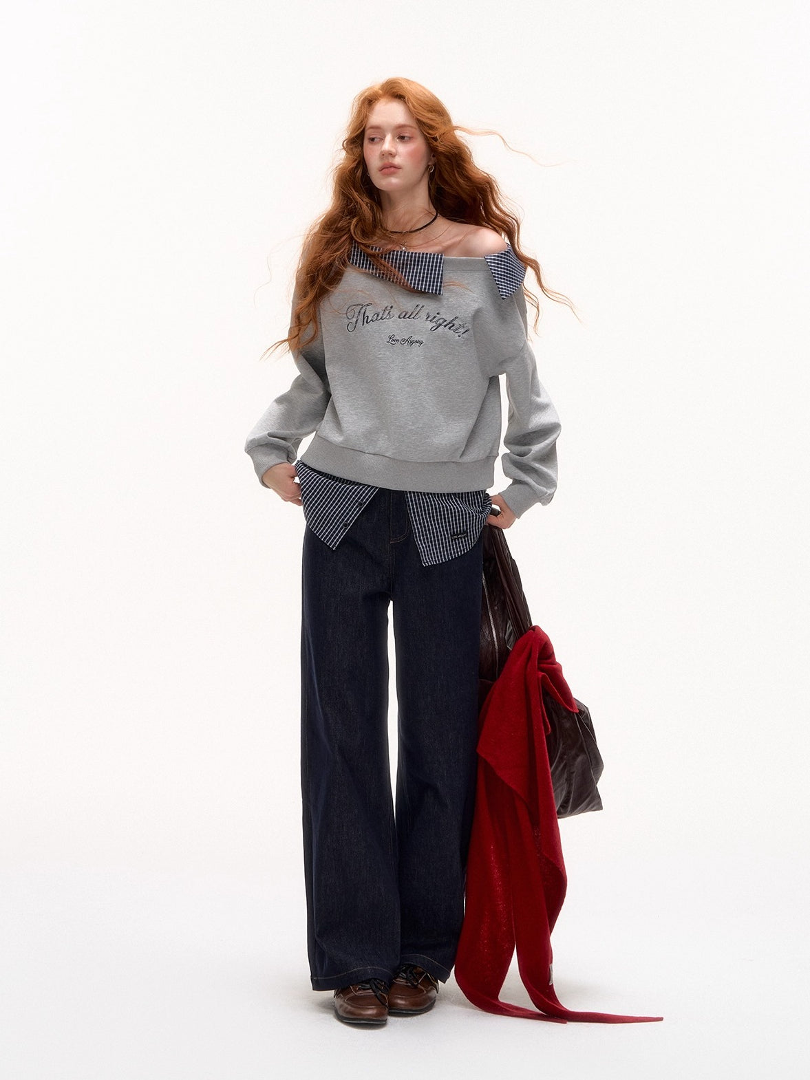 Plaid Embroidery Off-Shoulder Sweatshirt