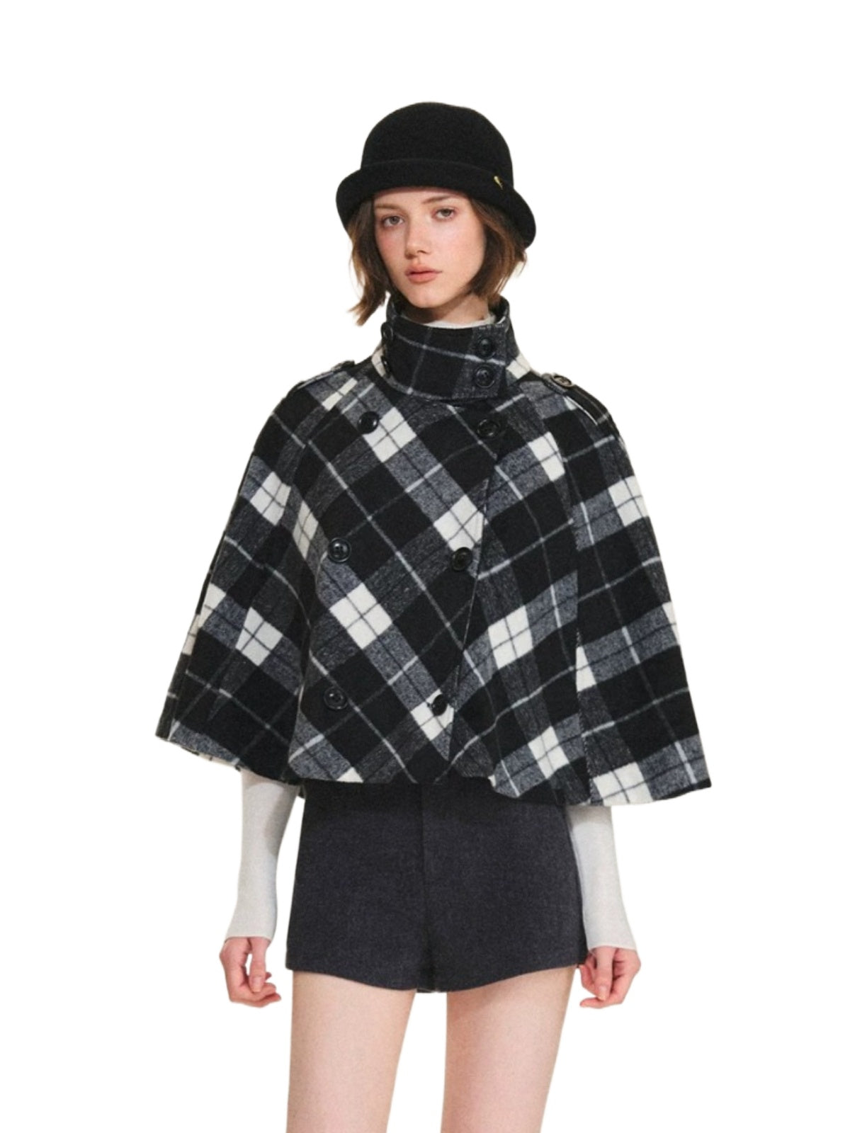 Checked Wool Blend Cape Coat