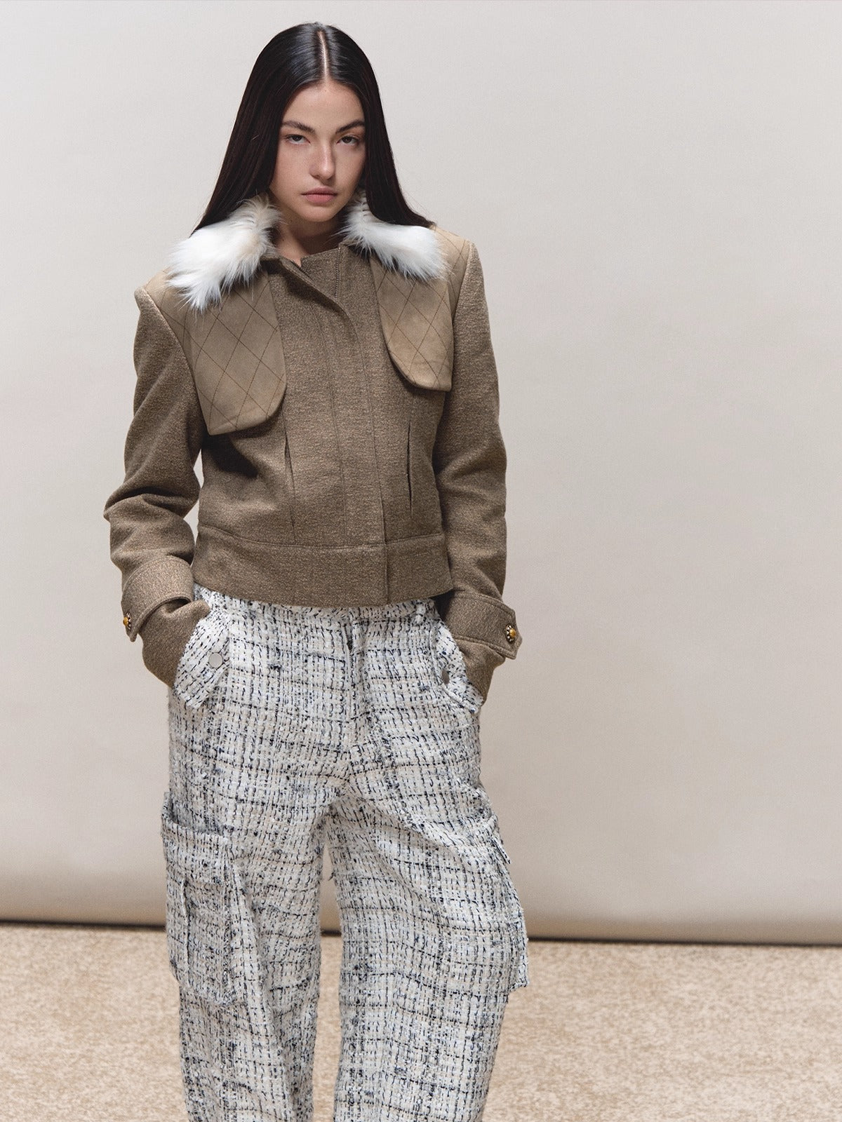 Contrast Quilted Fur-Collar Jacket