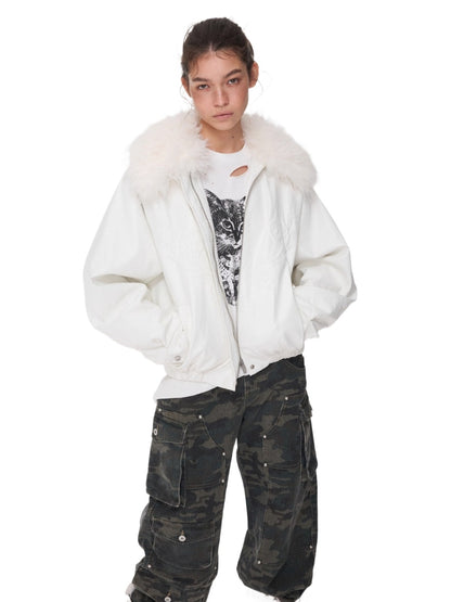 Embroidered Faux Fur Collar Leather Jacket